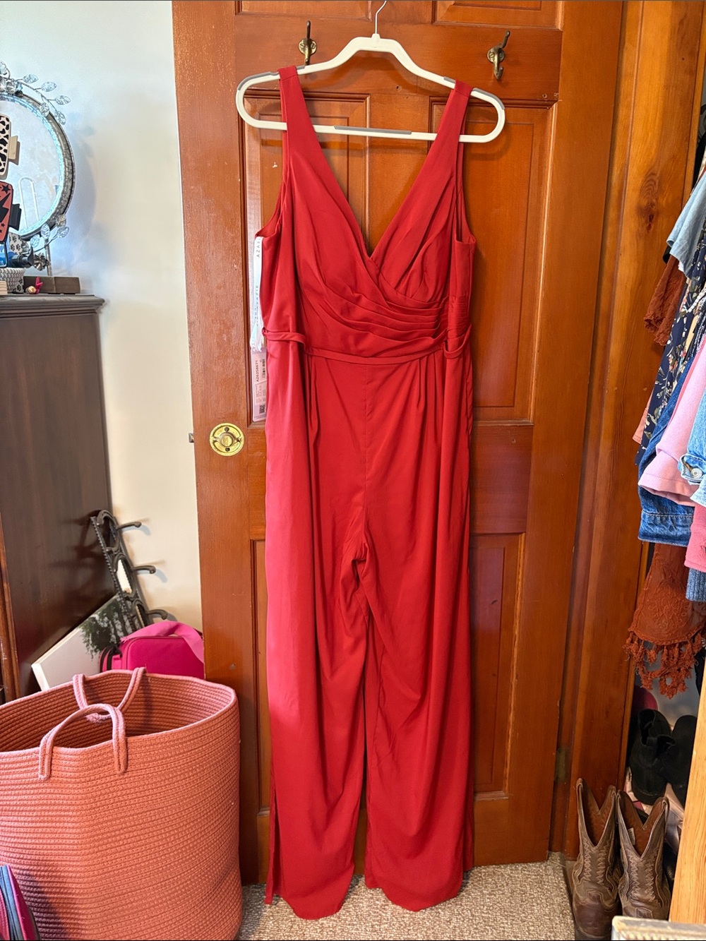 Azazie Red Sleeveless V-Neck Jumpsuit with Ruched Waist